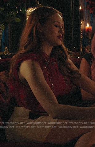 Cheryl’s red embellished top and white skirt on Riverdale