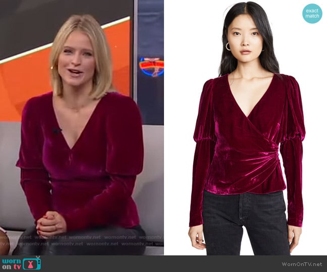 Cinq a Sept Theo Velvet Wrap Top worn by Sara Haines on Good Morning America