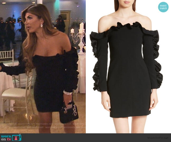 Cinq a Sept Rosemarie Ruffle Off the Shoulder Dress worn by Teresa Giudice on The Real Housewives of New Jersey
