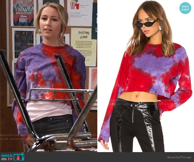 Cotton Citizen Tokyo Crop Long Sleeve in Cherry & Lavender Tie Dye worn by Josslyn Jacks (Eden McCoy) on General Hospital
