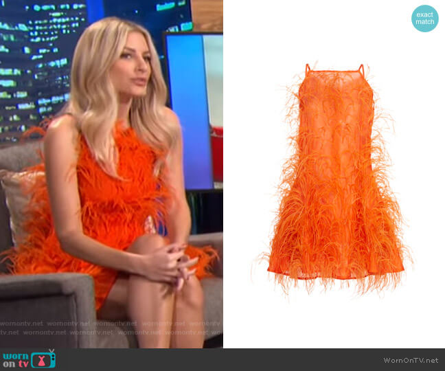 Cult Gaia Shannon Feather-Embellished Silk-Tulle Mini Dress worn by Morgan Stewart on E! News