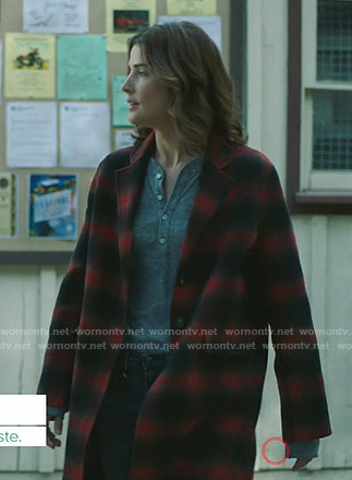 Dex’s red plaid coat on Stumptown