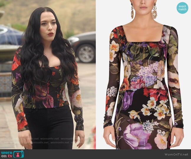 Dolce & Gabbana Floral-Print Silk Bustier Top worn by Jules Wiley (Kat Dennings) on Dollface