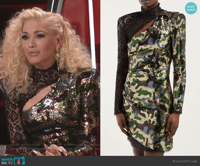 Dundas Camouflage and Leopard-Lace Sequinned Mini Dress worn by Gwen Stefani on The Voice