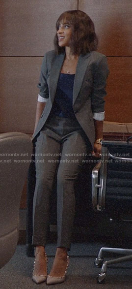 Edie’s grey suit and navy cami on Almost Family