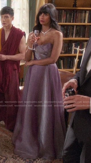 Tahani’s purple strapless evening gown on The Good Place