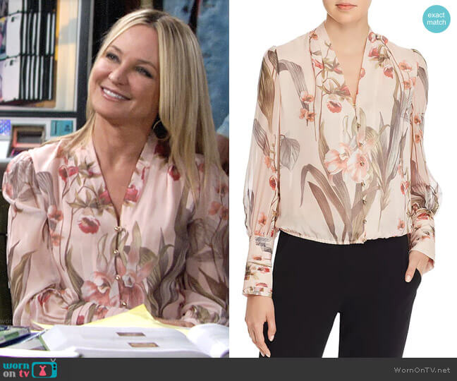 Elie Tahari Laya Blouse in Rose Quartz worn by Sharon Newman (Sharon Case) on The Young and the Restless