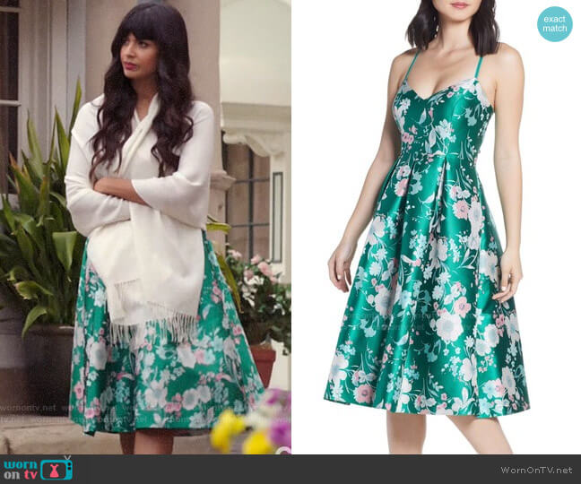 Eliza J Floral Jacquard Fit & Flare Dress worn by Tahani Al-Jamil (Jameela Jamil) on The Good Place