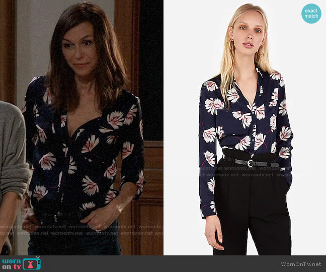 Express Slim Floral Satin Portofino Shirt worn by Anna Devane (Finola Hughes) on General Hospital
