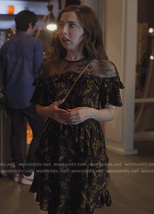 Izzy’s black floral lace dress on Dollface