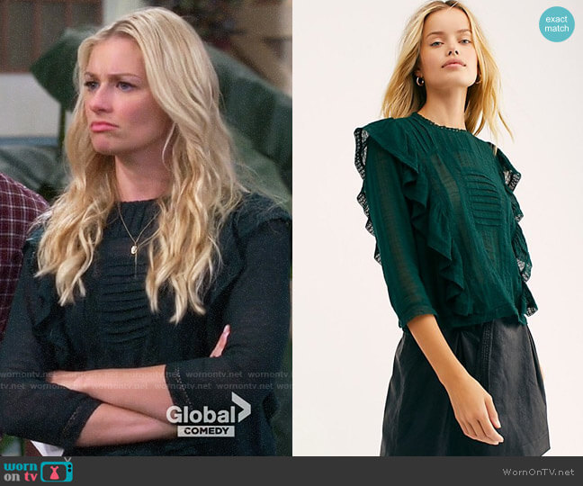 Free People Jasmine Ruffle Blouse in Emerald worn by Gemma (Beth Behrs) on The Neighborhood