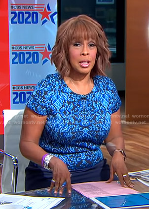 Gayle’s blue printed short sleeve dress on CBS Mornings