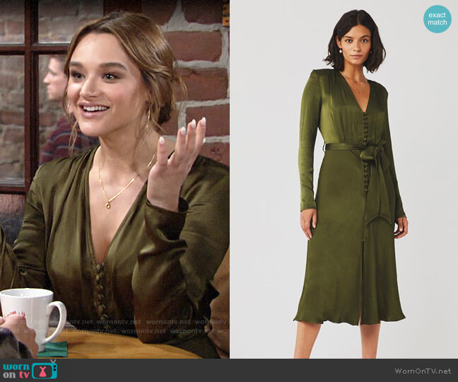 Ghost London Meryl Dress in Rifle Green worn by Summer Newman (Hunter King) on The Young and the Restless