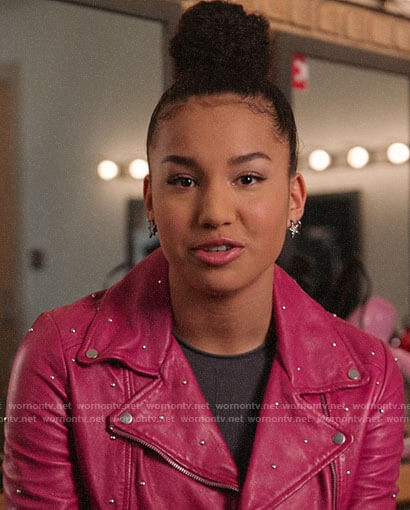 Gina’s grey sweater and pink studded moto jacket on High School Musical The Musical The Series