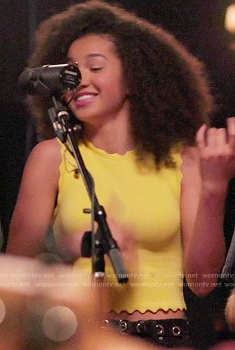 Gina’s yellow scalloped trim top on High School Musical The Musical The Series