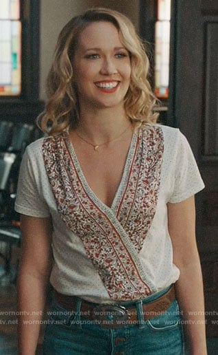 Ginny’s border print wrap top on Perfect Harmony