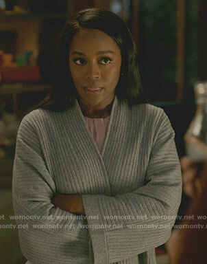 Michaela’s gray ribbed cardigan on How to Get Away with Murder