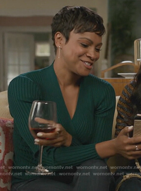 Angela’s green ribbed wrap sweater on American Housewife