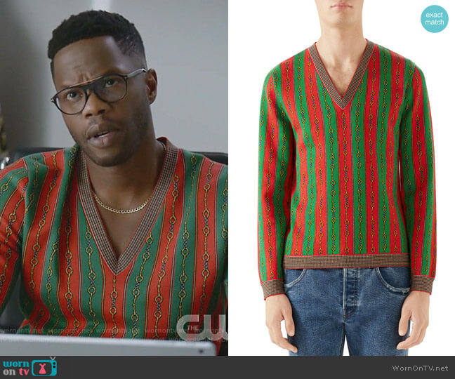 Gucci Scarf-Print V-Neck Sweater worn by Jeff Colby (Sam Adegoke) on Dynasty
