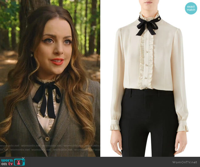 Gucci Silk Ruffle Tie Blouse worn by Fallon Carrington (Elizabeth Gillies) on Dynasty