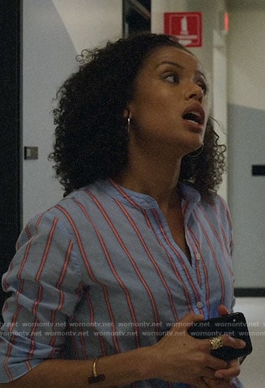 Hannah’s blue striped top on The Morning Show