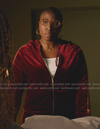 Hen’s red side striped velvet track jacket and pants on 9-1-1