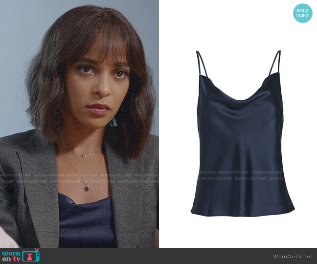 Intermix Fayette Cowl Neck Silk Camisole worn by Edie Palmer (Megalyn Echikunwoke) on Almost Family