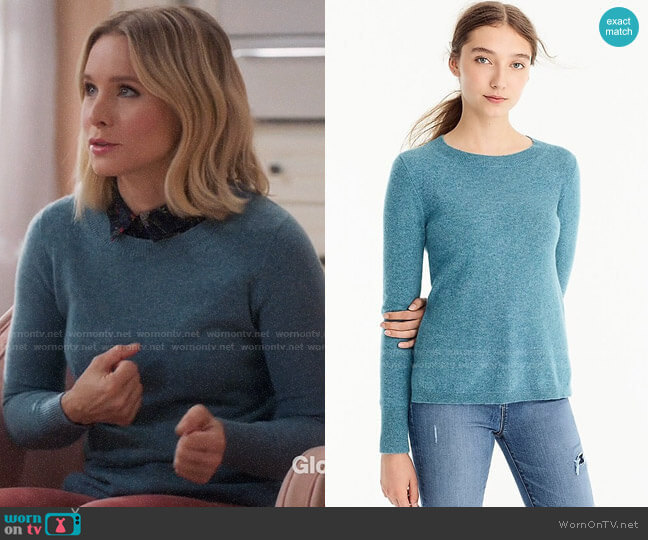 J. Crew Everyday Cashmere Crewneck Sweater in Hthr Bright Harbour worn by Eleanor Shellstrop (Kristen Bell) on The Good Place