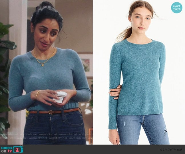 J. Crew in Hthr Bright Harbour Everyday Cashmere Crewneck Sweater worn by Mallory Modi (Kiran Deol) on Sunnyside