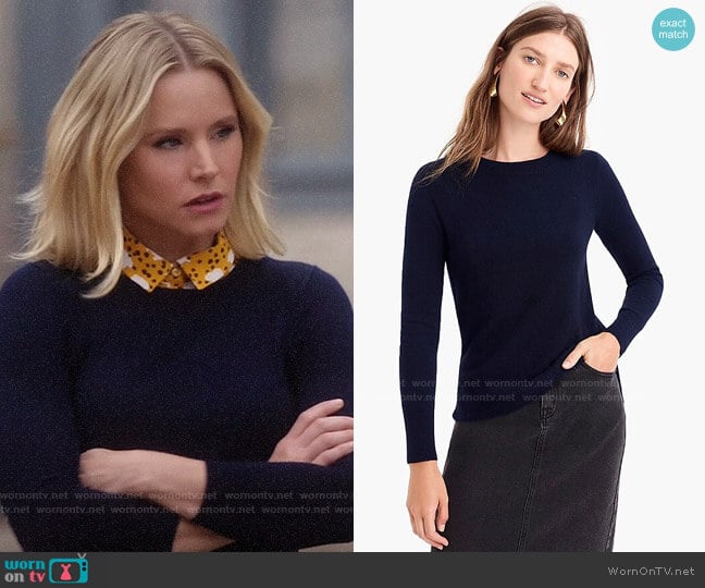 J. Crew Long-sleeve everyday cashmere crewneck sweater in Navy worn by Eleanor Shellstrop (Kristen Bell) on The Good Place