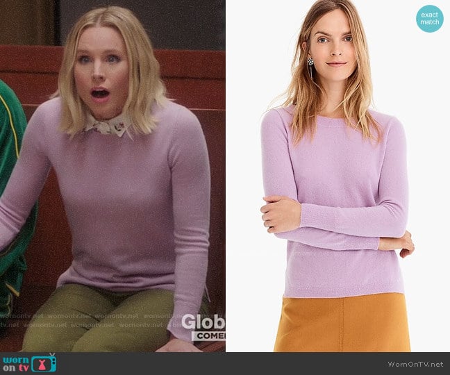 J. Crew Long-sleeve everyday cashmere crewneck sweater in Smoky Wisteria worn by Eleanor Shellstrop (Kristen Bell) on The Good Place