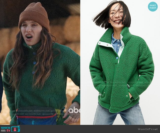 J. Crew Snap collar sherpa sweatshirt in Polartec Fleece in Alpine Meadow worn by Rio (Lake Bell) on Bless This Mess