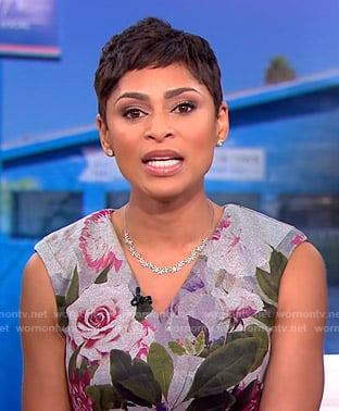 Jericka’s grey flroal v-neck dress on CBS This Morning