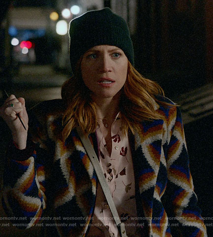 Julia’s geometric print coat on Almost Family