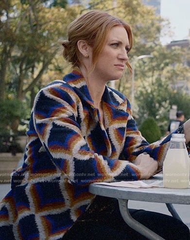 Julia’s geometric print coat on Almost Family