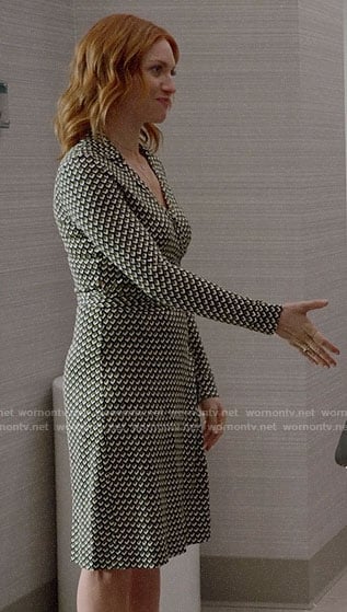 Julia’s green geometric print wrap dress on Almost Family