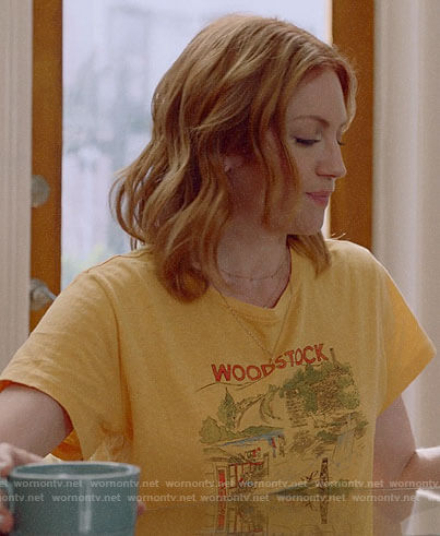 Julia’s yellow Woodstock tee on Almost Family