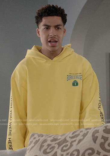 Junior’s yellow Born x Raised hoodie on Black-ish