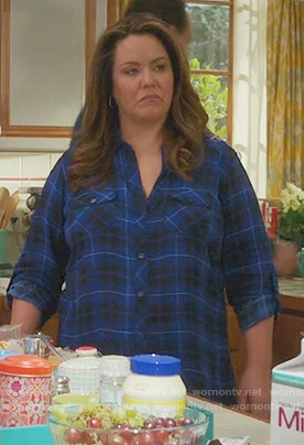 Katie’s blue plaid blouse on American Housewife