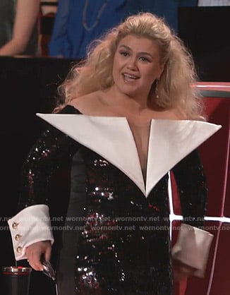 Kelly Clarkson’s sequin off-shoulder mini dress on The Voice