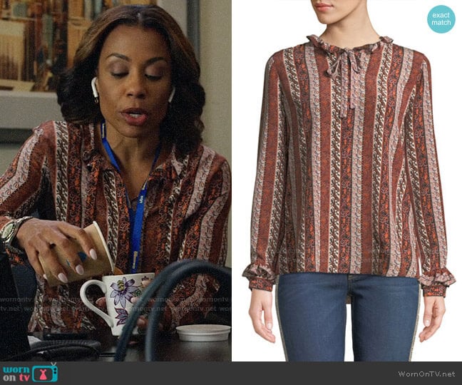 Kobi Halperin Elyse Blouse worn by Mia Jordan (Karen Pittman) on The Morning Show