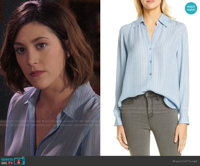 L'Agence Nina Blouse in Sky Blue Multi Stripe worn by Sydney Strait (Caitlin McGee) on Bluff City Law