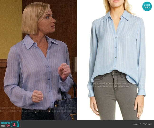 L'Agence Nina Blouse in Sky Blue Multi Stripe worn by Jill Kendall (Jaime Pressly) on Mom