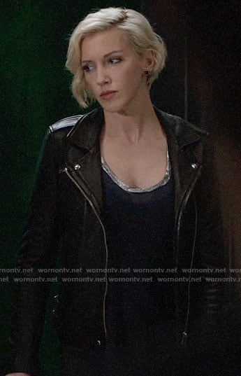 Laurel’s blue t-shirt with silver trim and leather jacket on Arrow