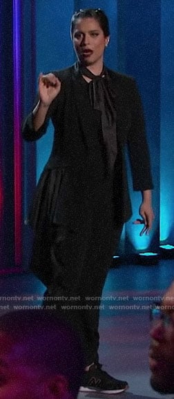 Lilly Sing’s black blazer with side ruffle on A Little Late with Lilly Singh