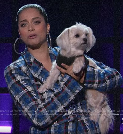 Lilly Singh’s blue plaid tweed suit on A Little Late with Lilly Singh