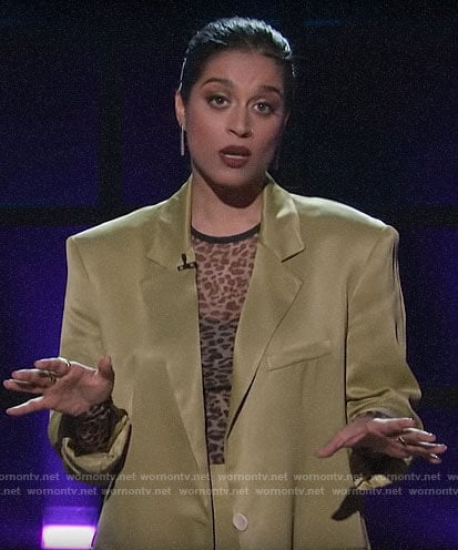 Lilly Singh’s mesh leopard top and green satin suit on A Little Late with Lilly Singh