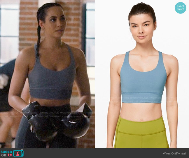 Lululemon Energy Long Line Bra in Utility Blue worn by Macy Vaughn (Madeleine Mantock) on Charmed