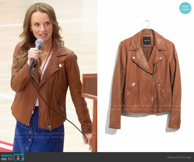 Madewell Washed Leather Moto Jacket in Burnt Sienna worn by Miss Jenn (Kate Reinders) on High School Musical The Musical The Series