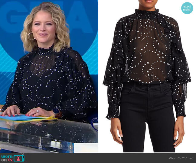 Maje Letro Star Print Ruffle Blouse worn by Sara Haines on Good Morning America